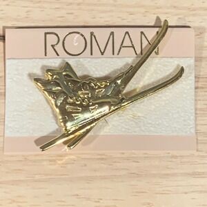 Roman Vintage Gold Tone Ski Boots and Skis Brooch Pin Novelty Jewelry New